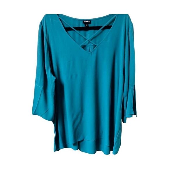 TORRID Plus Size Teal Crepe Strappy Criscross Blouse. - Picture 2 of 14